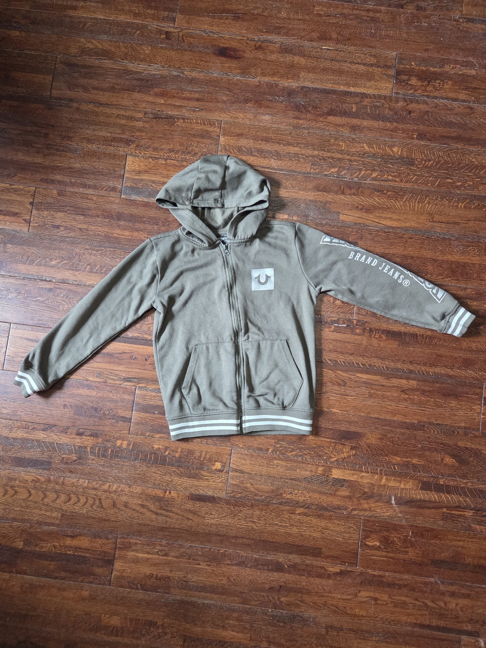 True Religion Kids Olive Zip-Up Hoodie Striped Cuffs Medium 10/12
